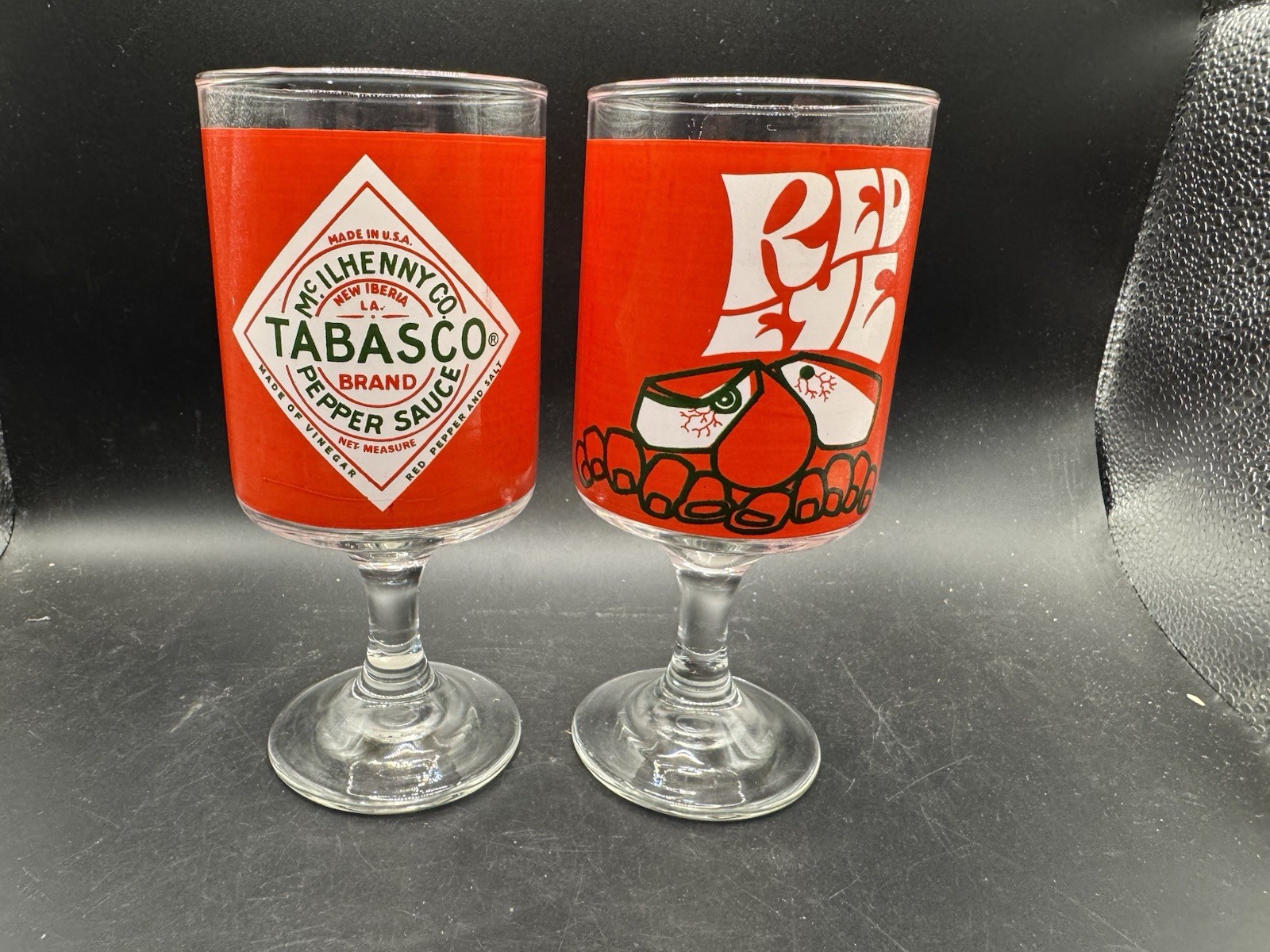 Vintage Tabasco Red Eye Stemmed Glasses Pair Retro Bloody Mary Goblets Promo
