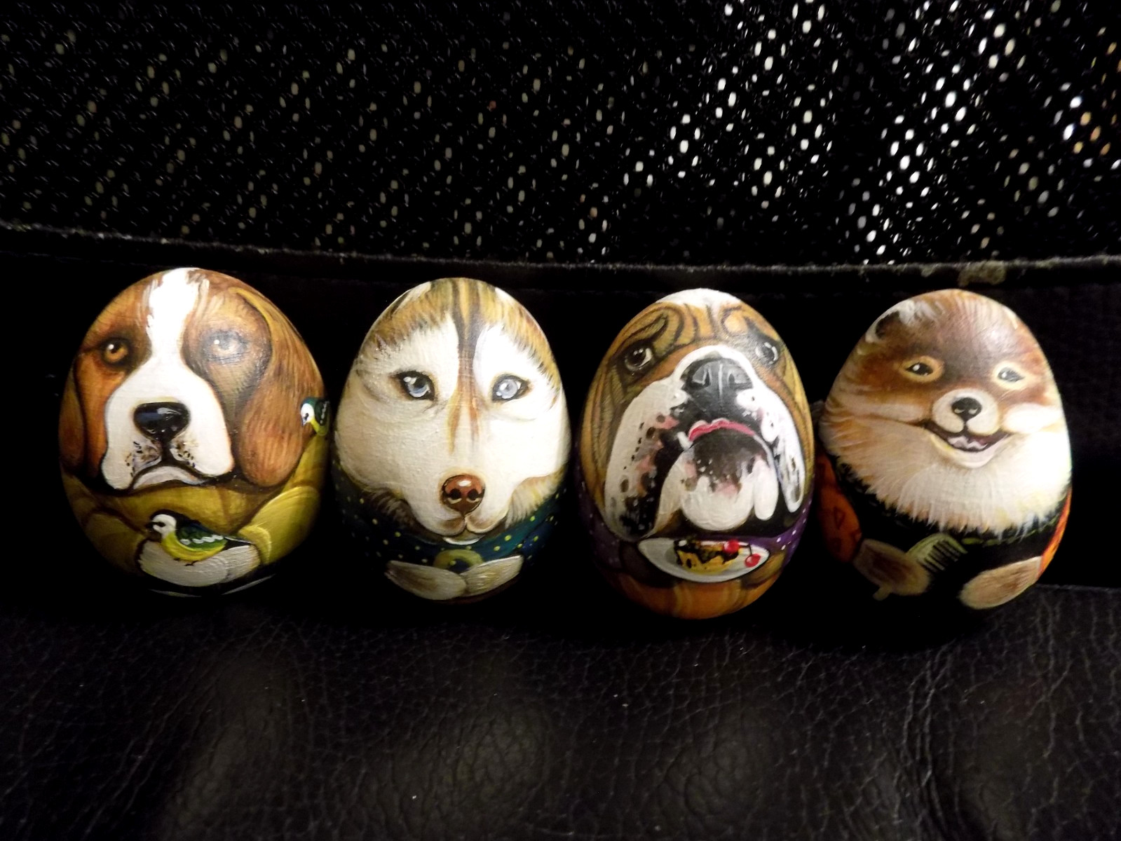 Ukrainian Hand painted life like 4 EGGs funny DOGs dolls 2 1/3\