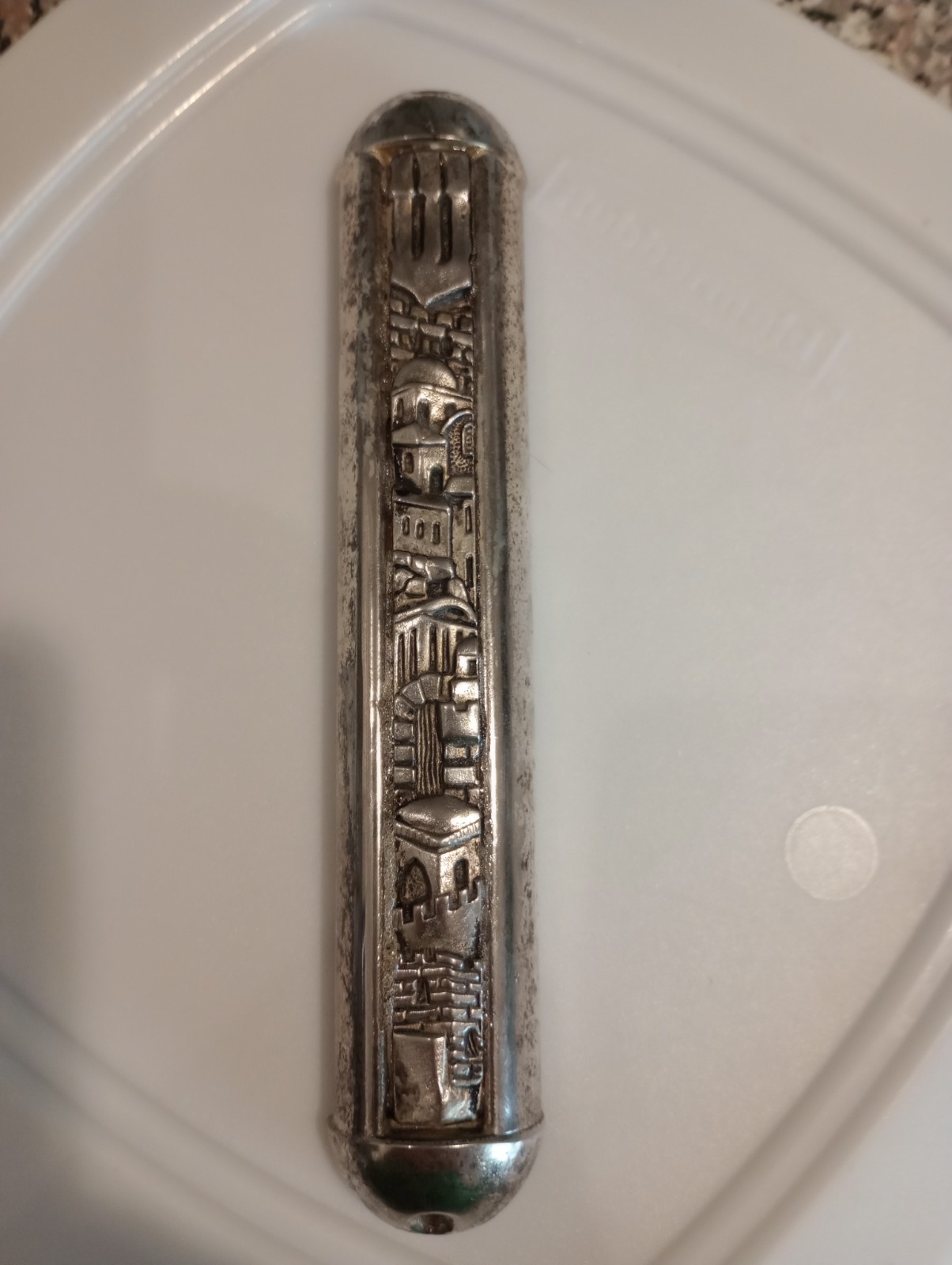 Vtg Jewish Mezuzah Judaica Hebrew metal temple Jerusalem town city buildings