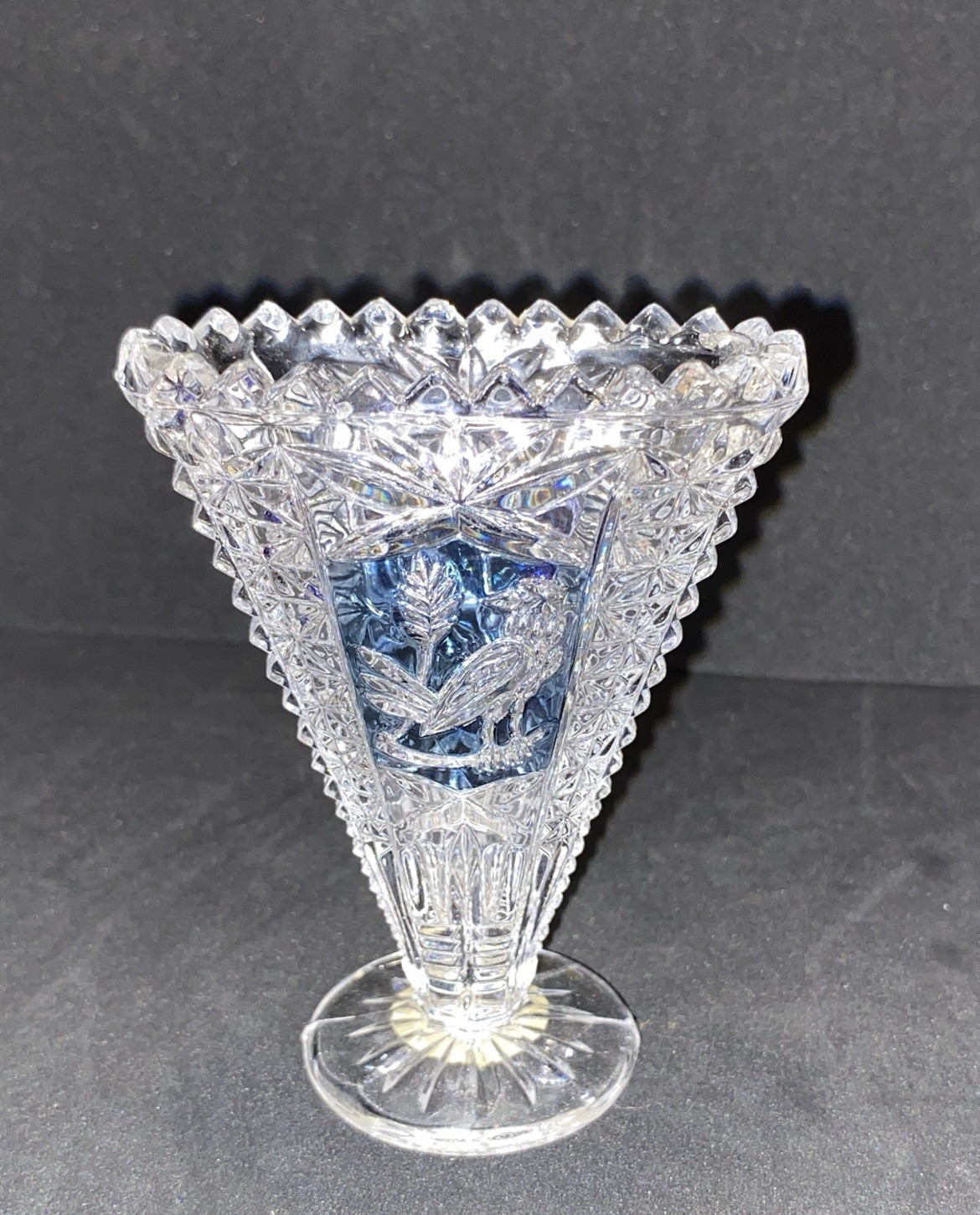 Vintage Hofbauer Byrdes Lead Crystal Fan Miniature Vase Blue