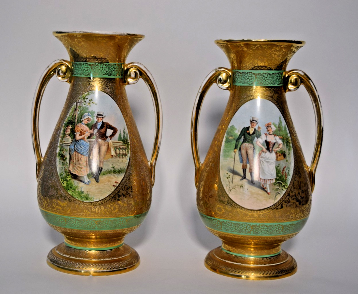Pair Vintage Le Mieux 24 Karat Gold Handled Vases Victorian Scene Pair Vintage Le Mieux 24 Karat Gold Handled Vases Victorian Scene