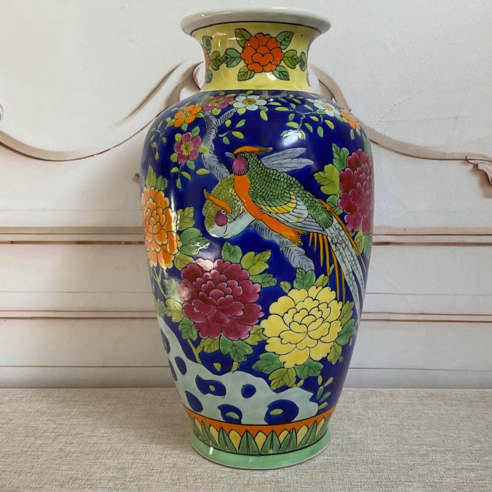 Vintage Japanese Cobalt Blue Vase Hand Painted Birds Flowers 12\