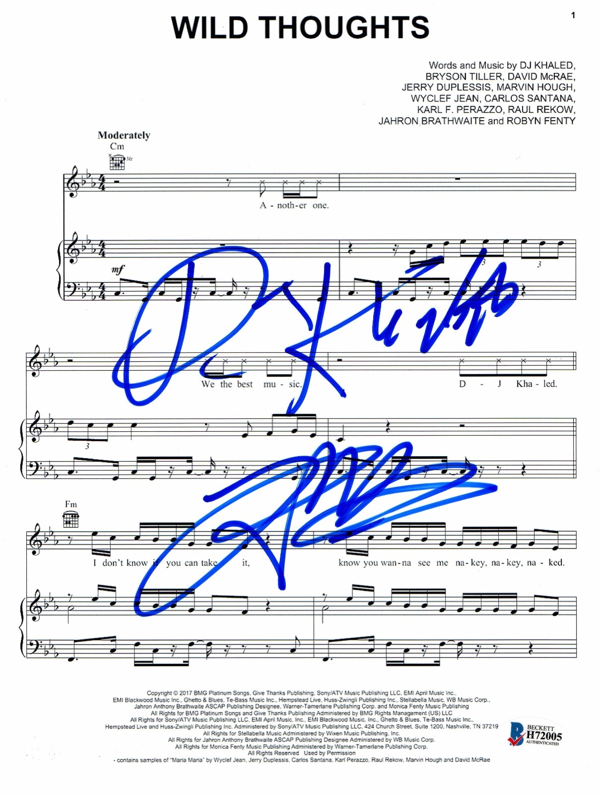DJ KHALED  SIGNED WILD THOUGHTS AUTOGRAPHED 8.5 x 11 LYRIC SHEET BECKETT BAS