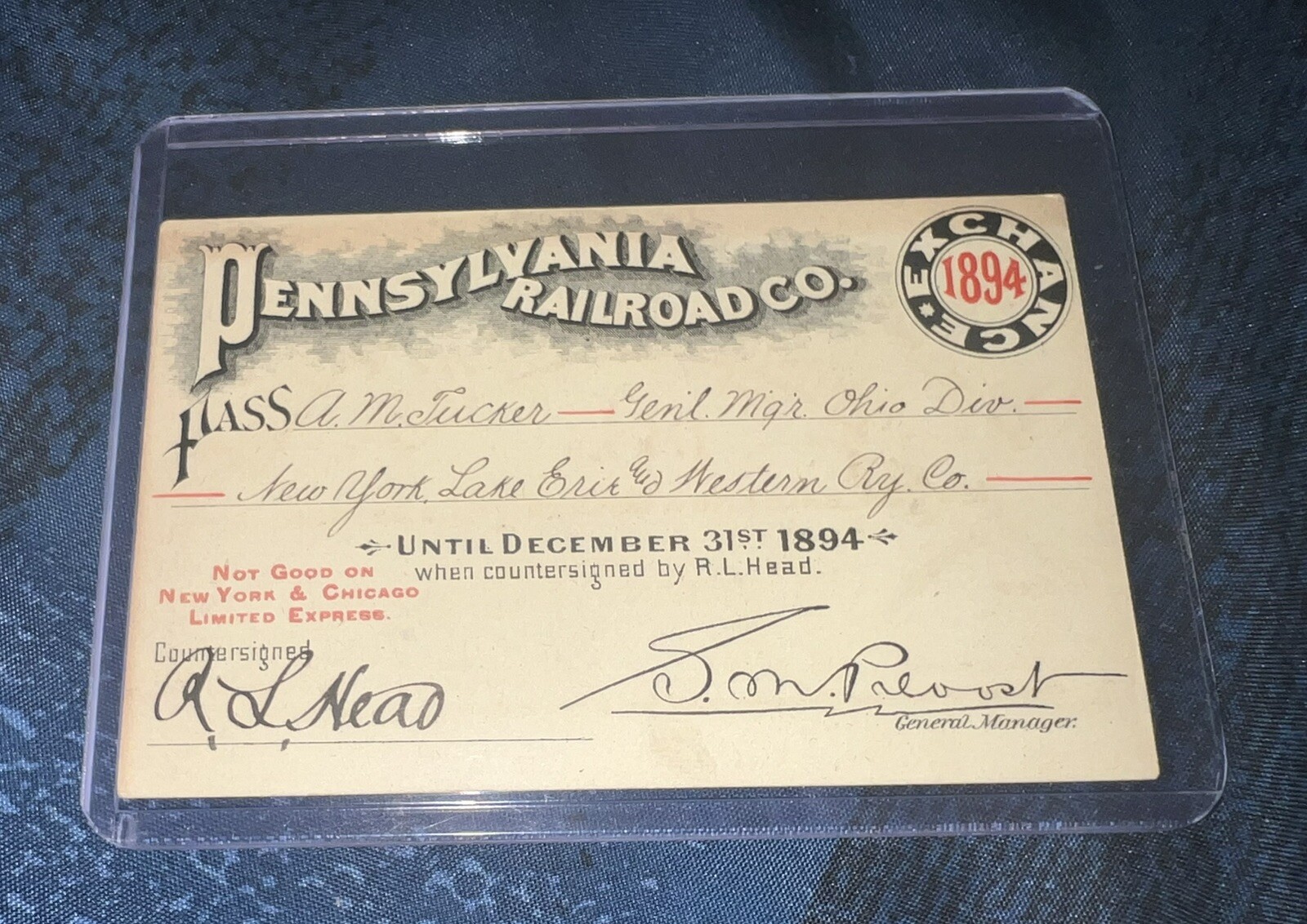 1894 Pennsylvania Company Railroad Pass – Ohio Div