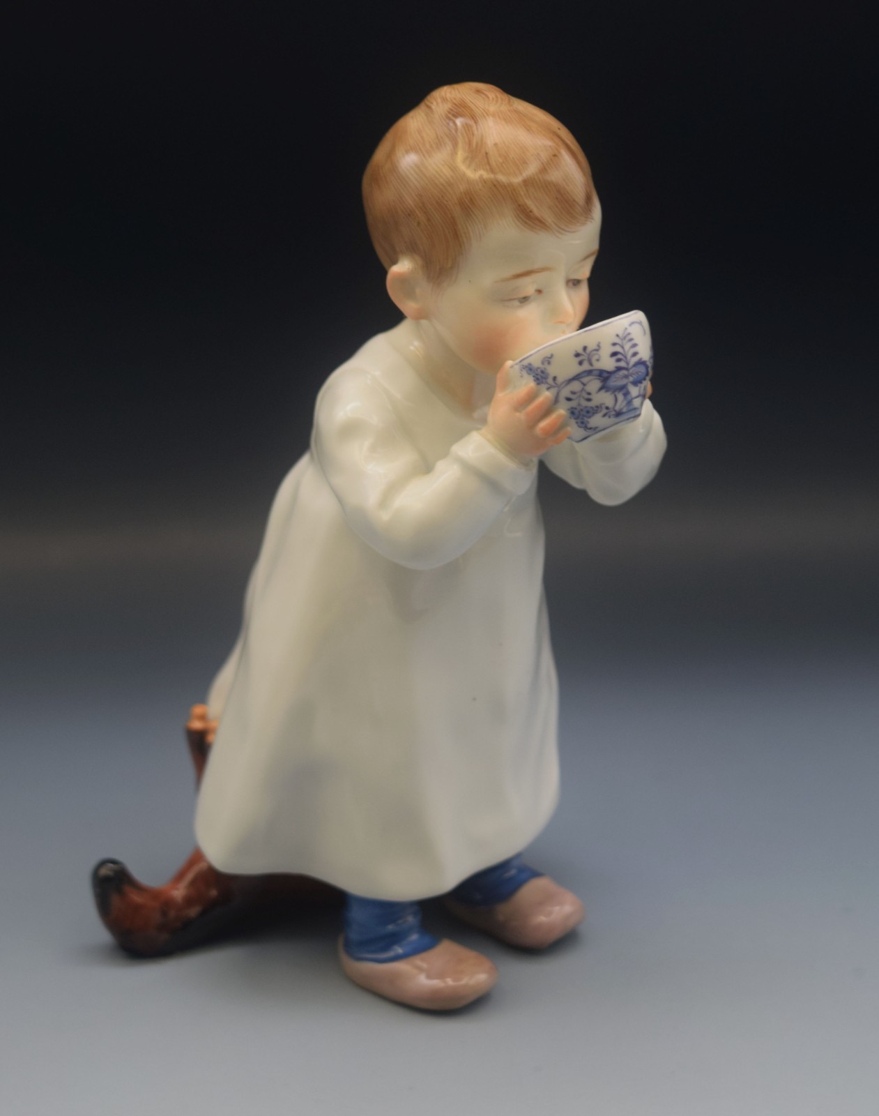 MEISSEN  c 1905 Hentschel Children Boy Blue Onion Tea Bowl & Toy Horse Figurine