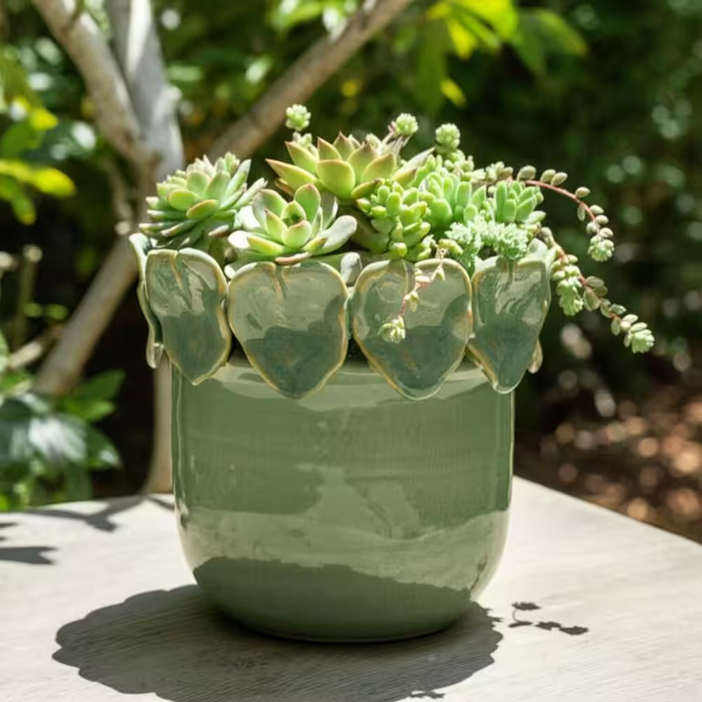 Green Ceramic Sculpted Leaf Applique Decorative Planter (6 in. W x 5.25 in. H) Green Ceramic Sculpted Leaf Applique Decorative Planter (6 in. W x 5.25 in. H)