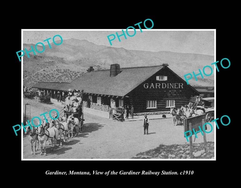 OLD LARGE HISTORIC PHOTO GARDINER MONTANA VIEW OF THE RAILWAY STATION c1910 OLD LARGE HISTORIC PHOTO GARDINER MONTANA VIEW OF THE RAILWAY STATION c1910