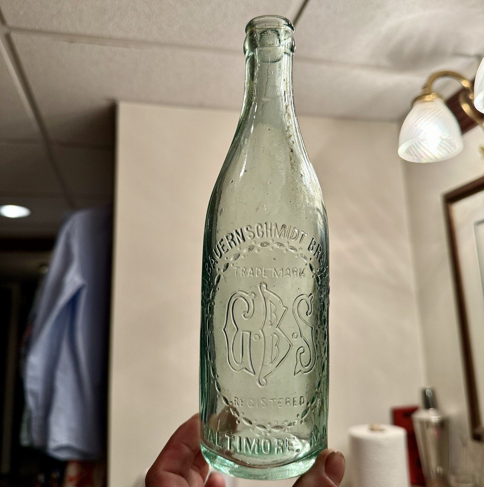 Geo Bauernschmidt Brewery GBS Baltimore MD V Rare Aqua Blown Crown Beer Bottle Geo Bauernschmidt Brewery GBS Baltimore MD V Rare Aqua Blown Crown Beer Bottle