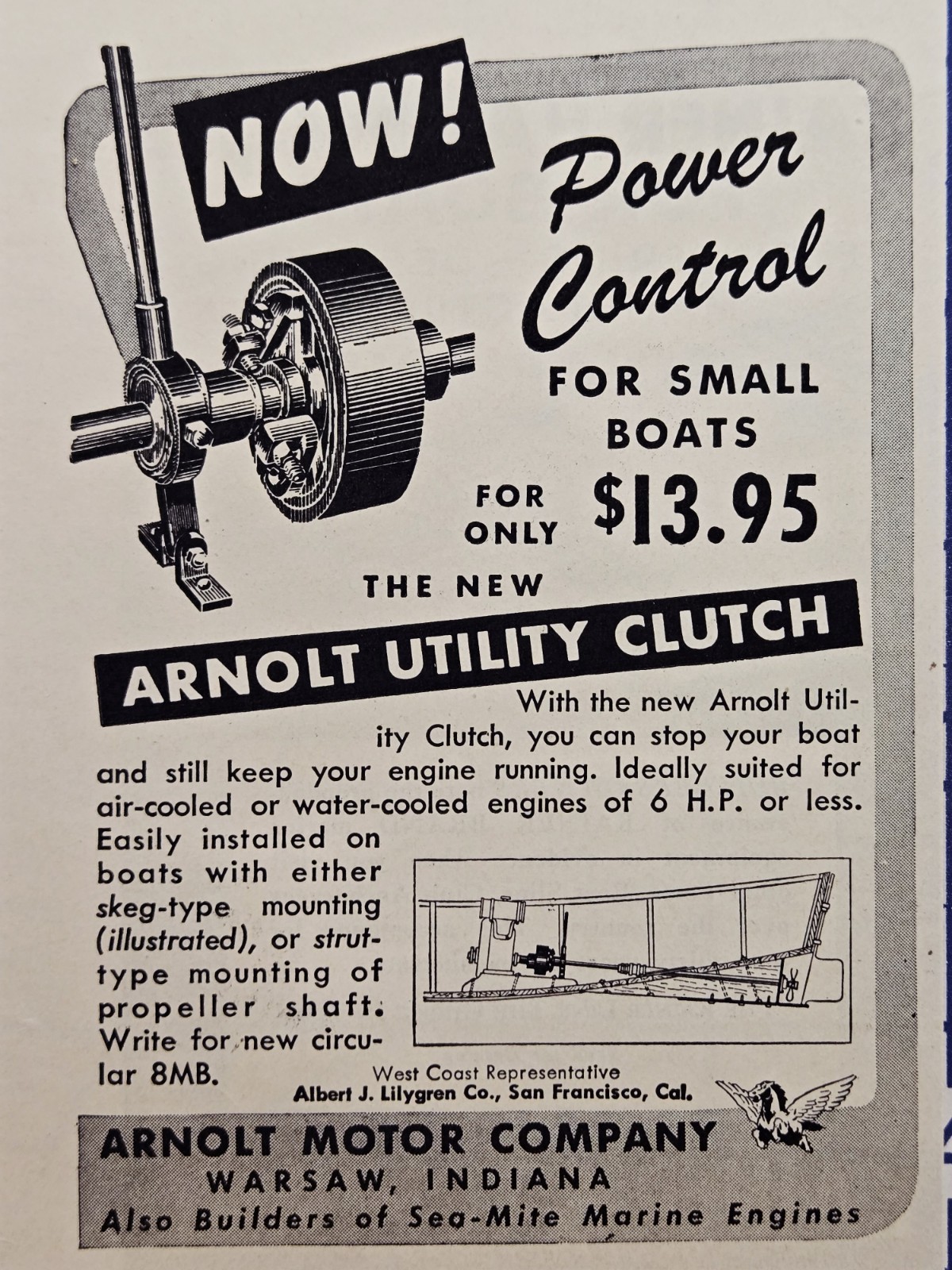 Arnolt Utility Clutch Warsaw IN Print Ad 1946 - Power Control for Small Boats