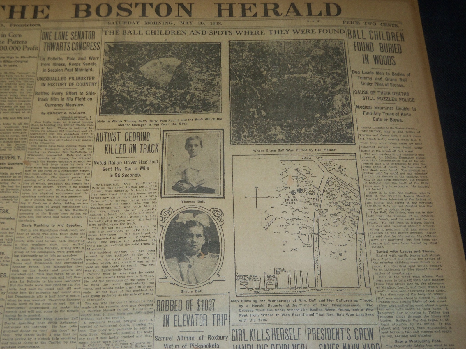 1908 MAY 30 THE BOSTON HERALD - BALL CHILDREN FOUND IN WOODS - BH 77 1908 MAY 30 THE BOSTON HERALD - BALL CHILDREN FOUND IN WOODS - BH 77