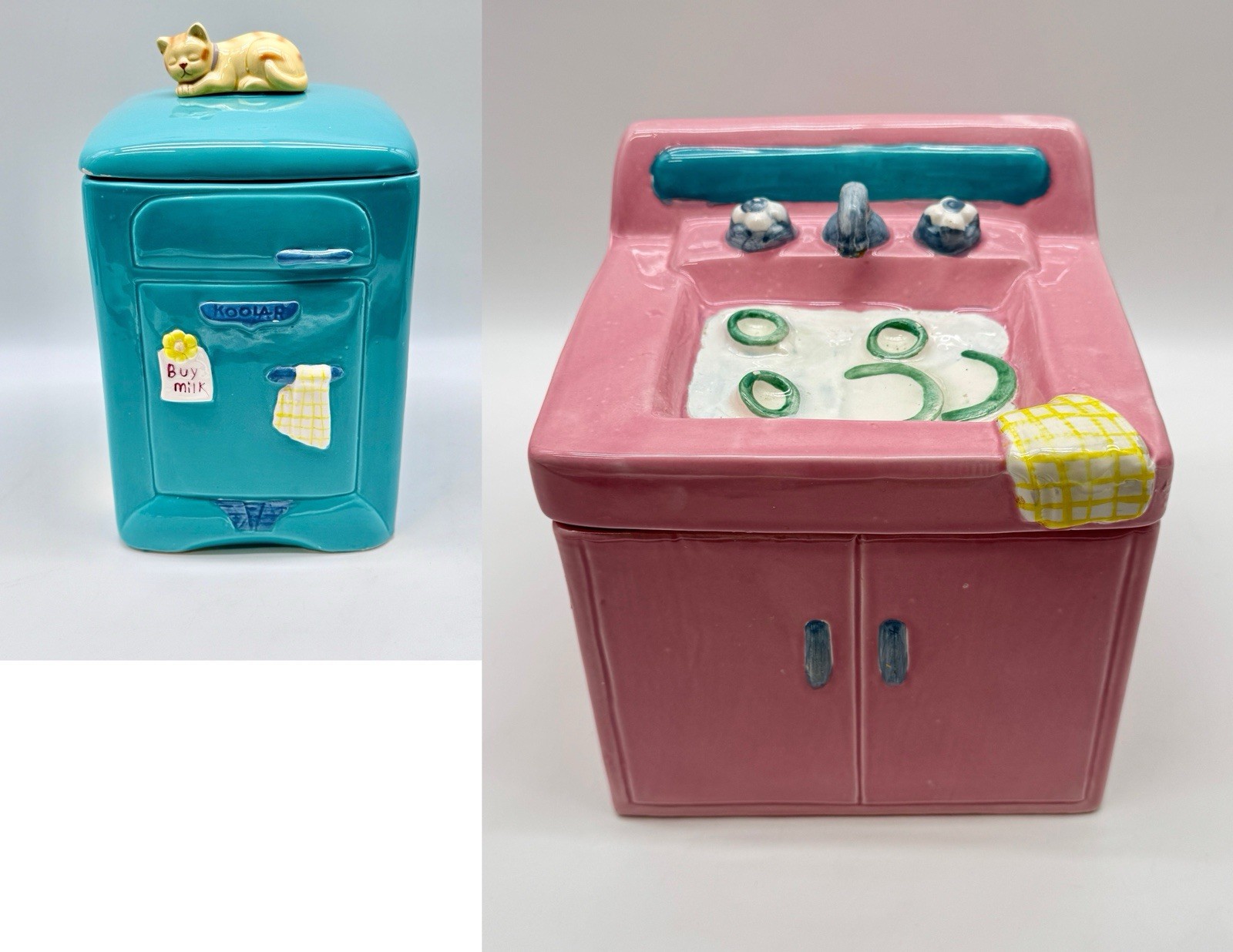 Vintage 1994 Omnibus Cookie Jar Green Teal Refrigerator Cat Koolar & Pink Sink Vintage 1994 Omnibus Cookie Jar Green Teal Refrigerator Cat Koolar & Pink Sink