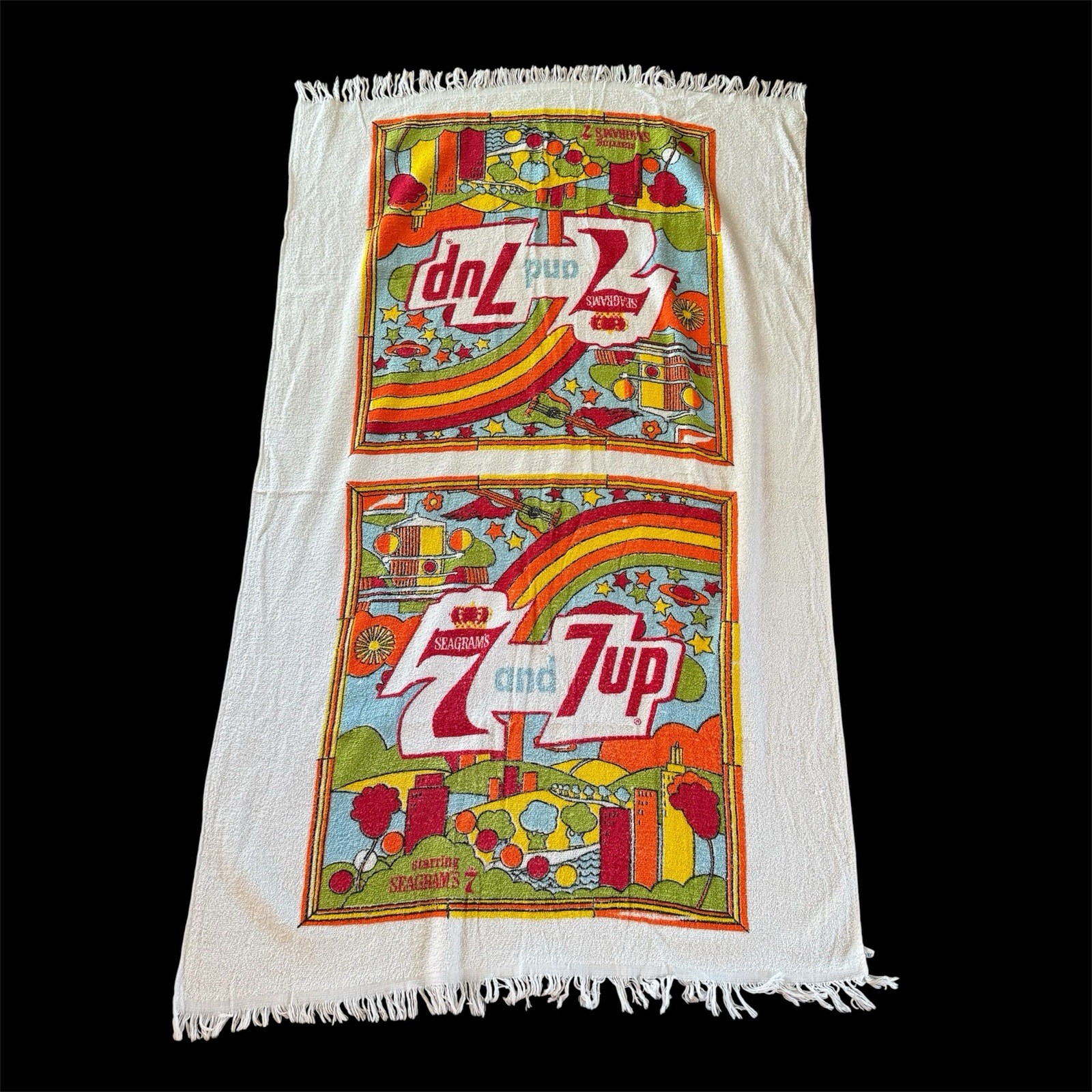 VTG 1960s Peter Max Seagrams 7-Up 7 And 7 Beach Towel Psychedelic Pop Art 33x54