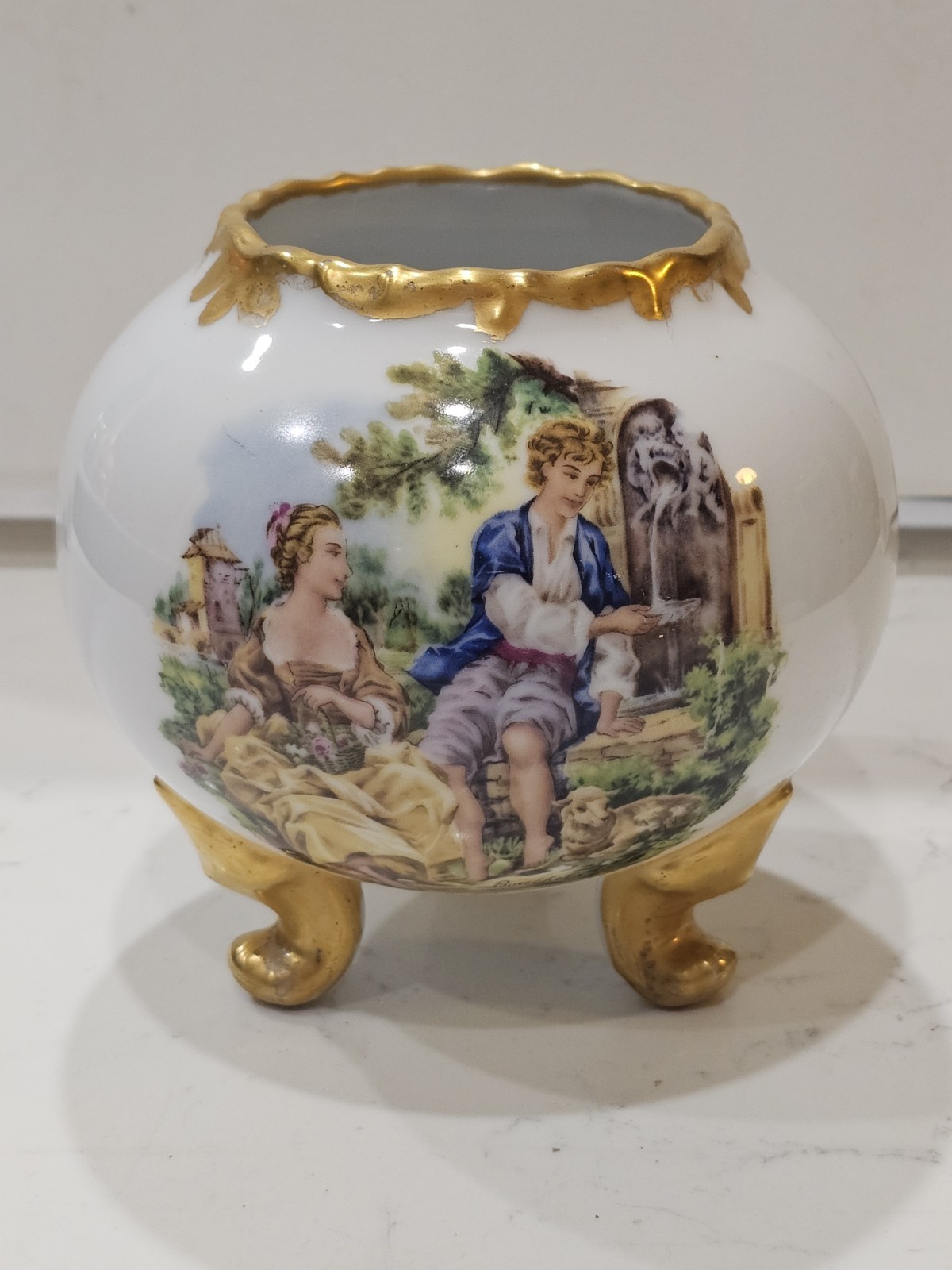 Vintage Limoges Porcelain Vase Courting Couple Hand Painted 3 Footed Gold Gilded