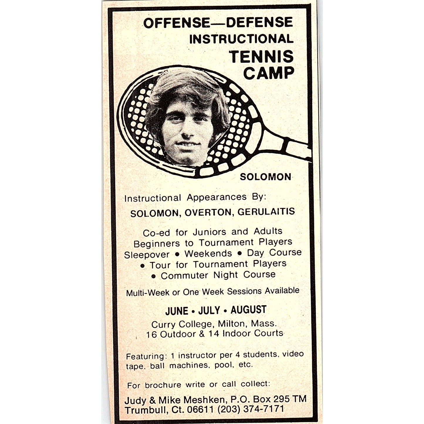 Curry College Tennis Camp Solomon, Overton, Gerulaitis Milton MA 1977 Ad AF3-Q1 Curry College Tennis Camp Solomon, Overton, Gerulaitis Milton MA 1977 Ad AF3-Q1