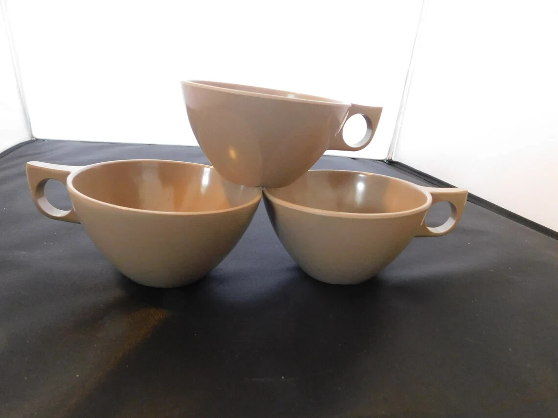 Trio of Brown Melmamine Coffe/Tea Cups - Boonton Molding Co., Inc. - Mid Century