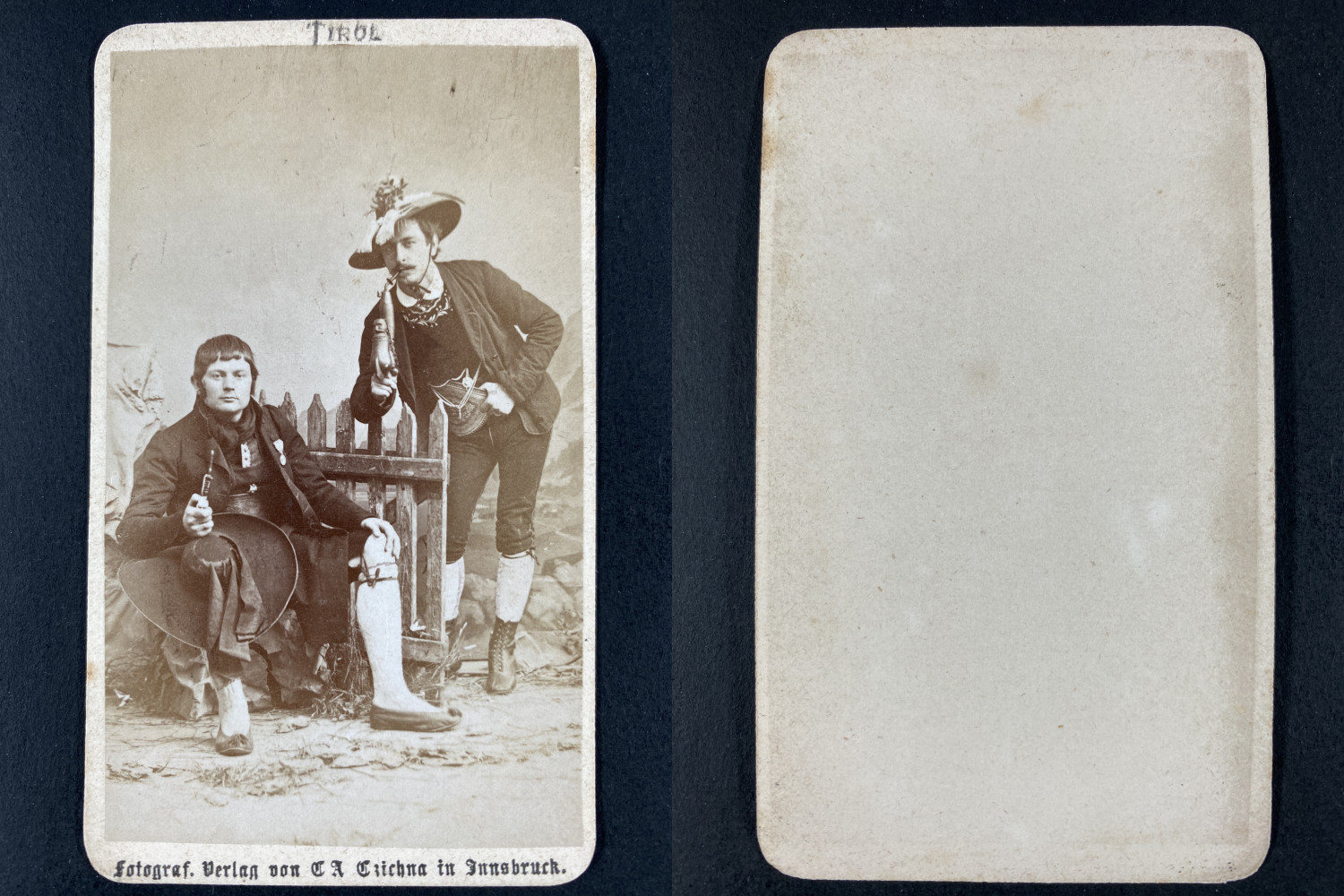 Czichna, Innsbruck, Tyrolean Regional Costumes with Pipes Vintage cdv albu