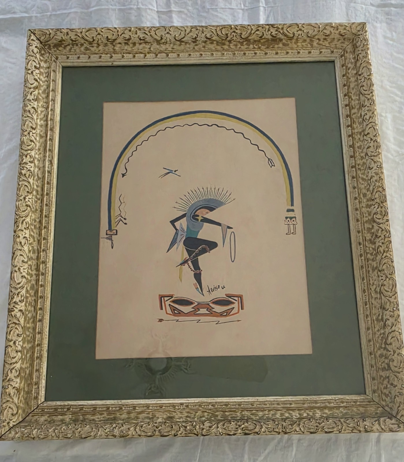 🪶🎨 Vintage Southwestern Native American Dancer Artwork Ornate Gilt Frame ✨