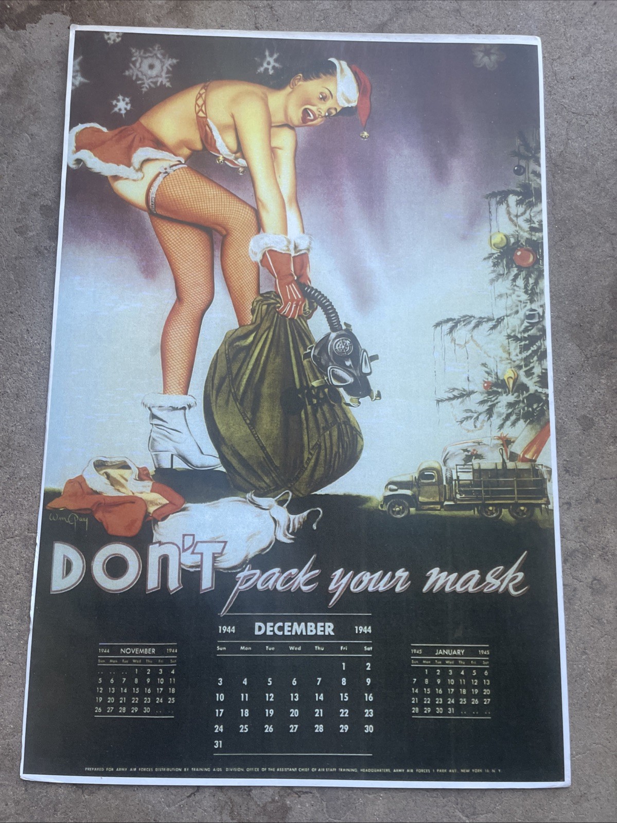 Vintage Dec 1944 Pinup Calendar Page Reprint “ Don’t Pack Your Mask” Vintage Dec 1944 Pinup Calendar Page Reprint “ Don’t Pack Your Mask”