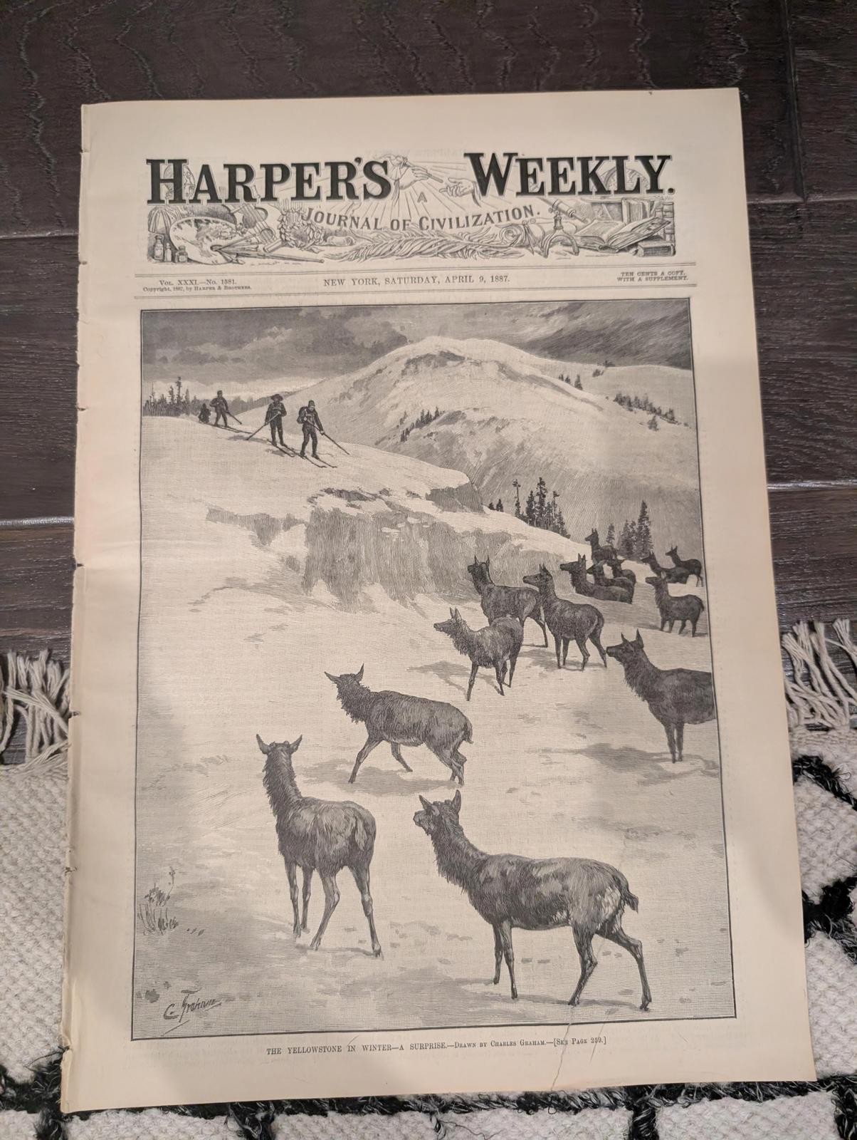 Harper’s Weekly – April 9, 1887 – Yellowstone in Winter, Elk Encounter, Old Fait