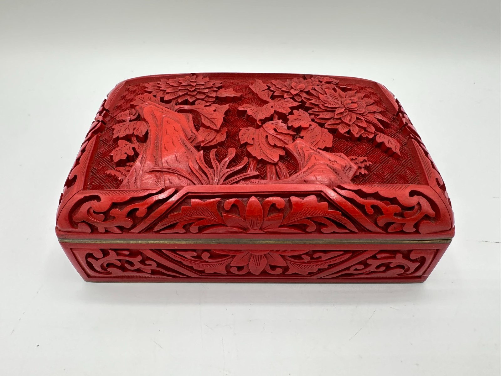 Vintage Chinese Carved Cinnabar Trinket Box - Chrysanthemum Brass & Blue Enamel