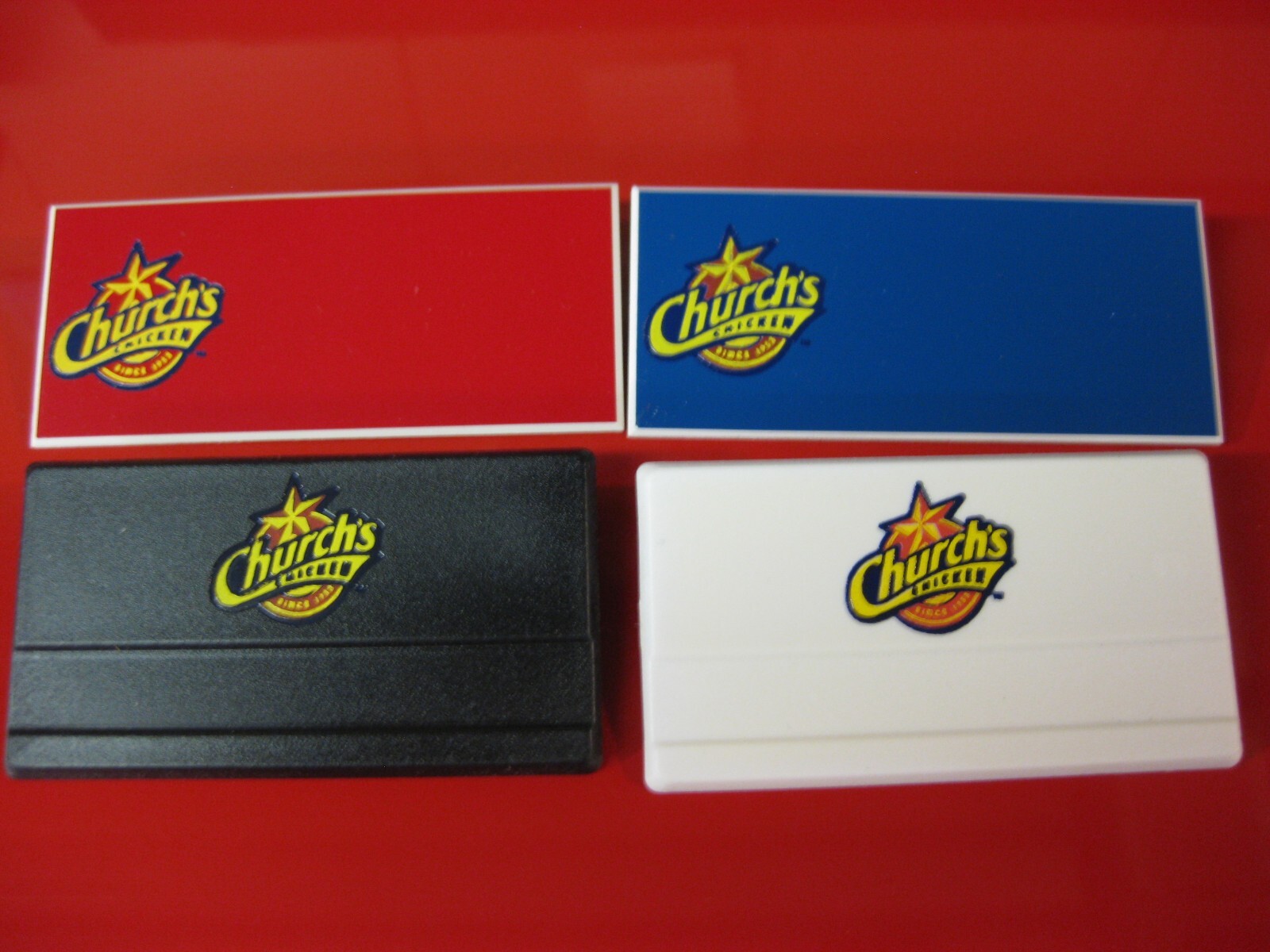 (4) diff. CHURCH\'S CHICKEN Employee Uniform Name Badges * Name Tags