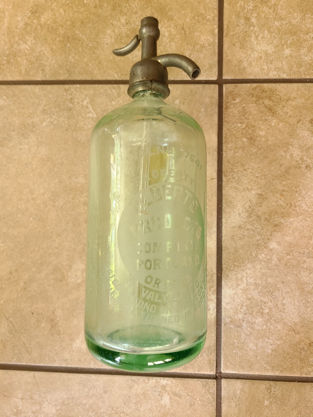Seltzer Bottle Light Green Portland Oregon Albert's Products Etched Lettering 