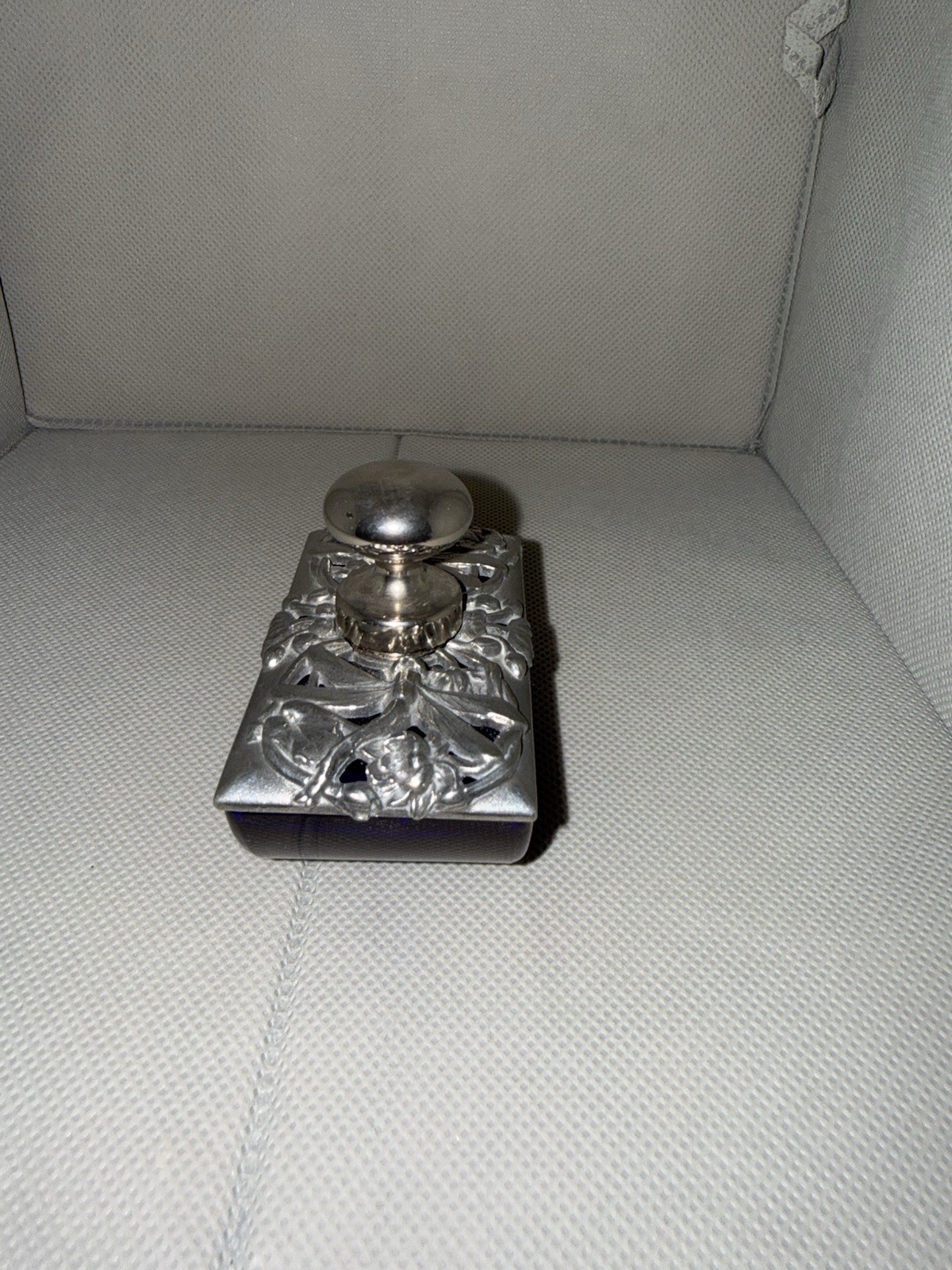 Antique Art Nouveau Pewter Dragonfly Cobalt Glass Inkwell Desk Accessory Vintage