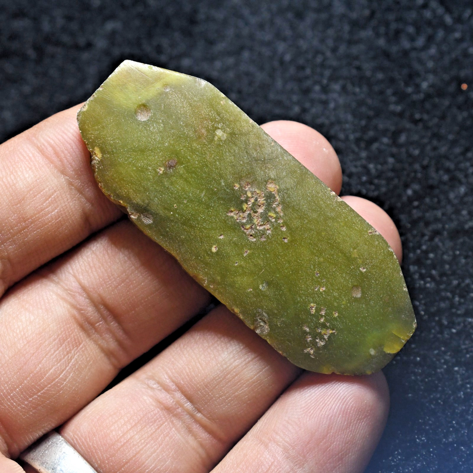 Large Ancient Central Asian Green Jade Stone Amulet Bead in Perfect Condition