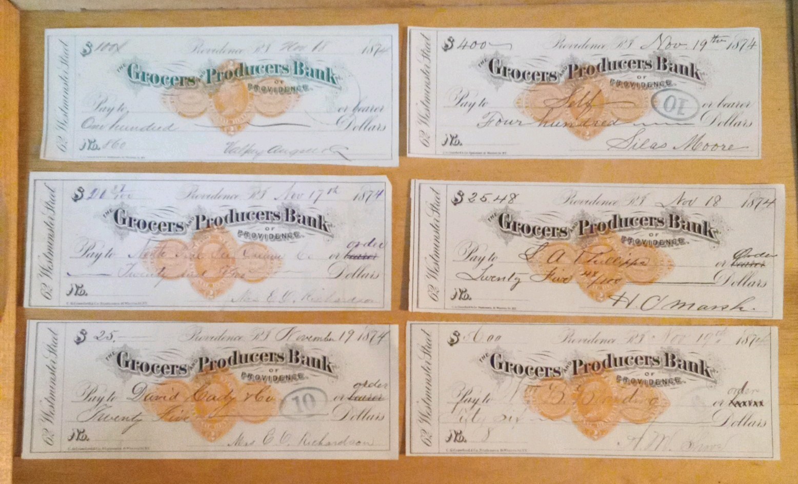 1874 Grocers and Producers Providence Bank Check Lot