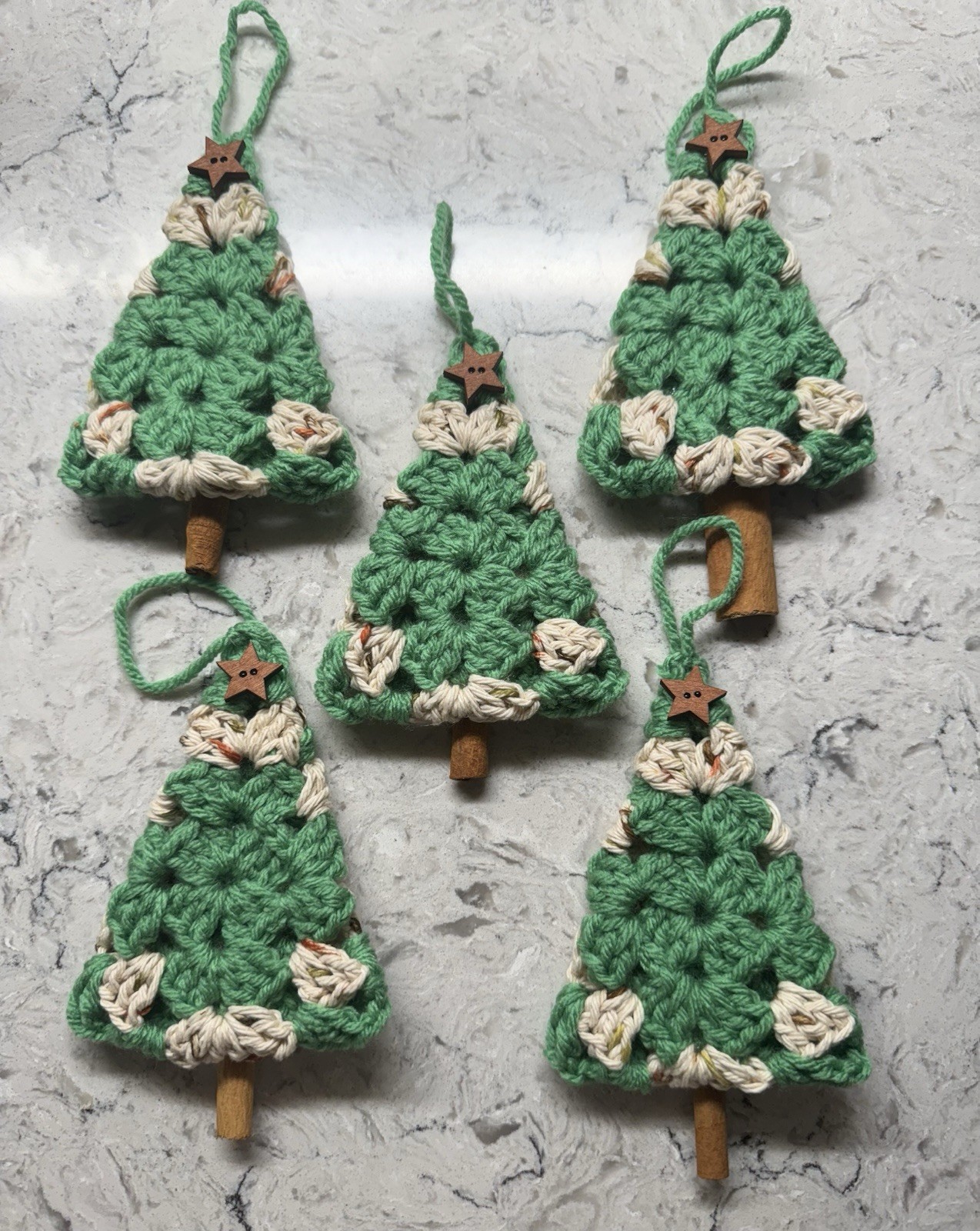 Handmade - Set Of 5 - Crocheted Granny Square Christmas Tree Primitive Ornaments