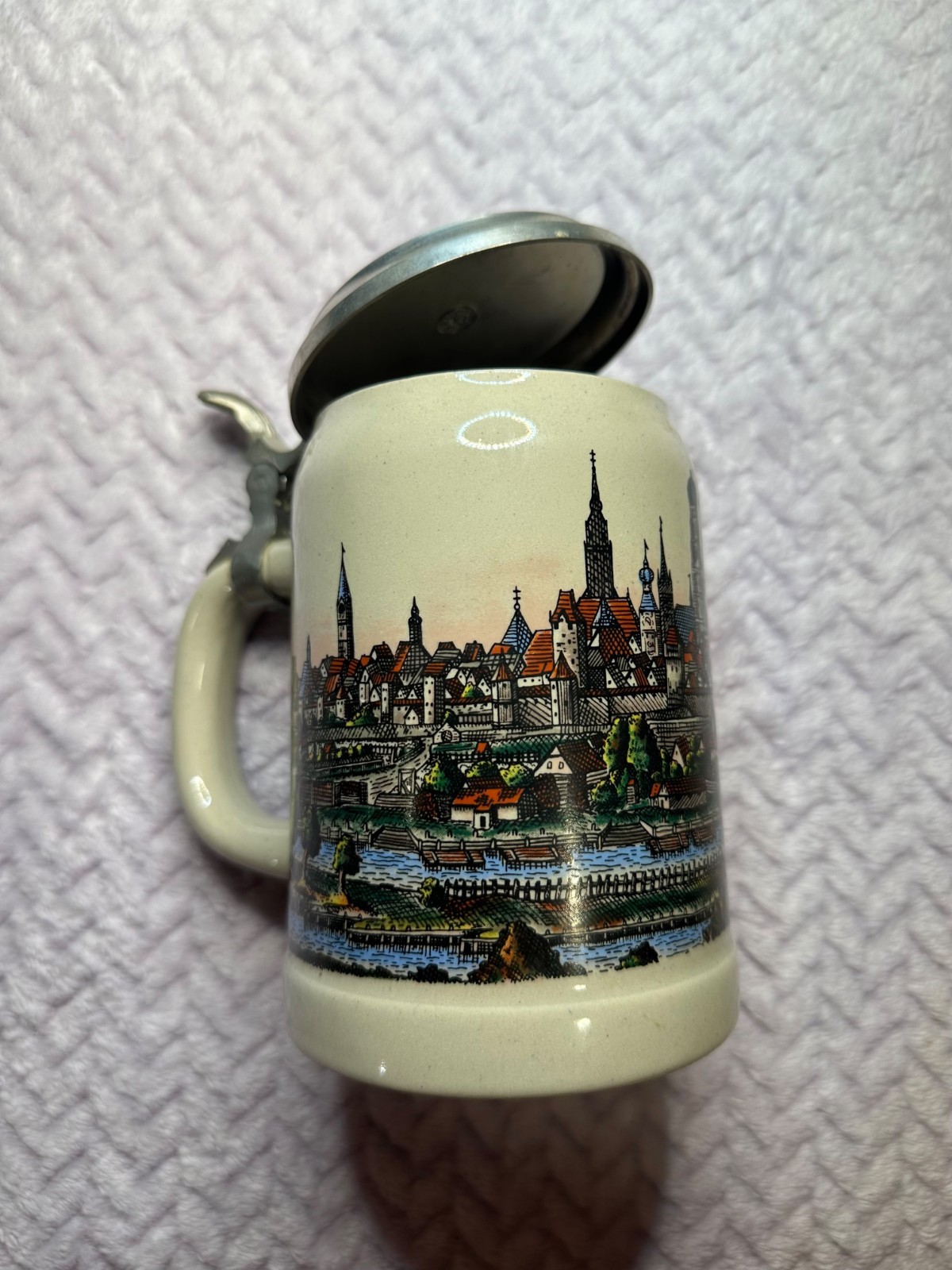 VTG German Beer Stein Porcelain Village River Lowenbrau Pewter Lid Erbo ZINN 