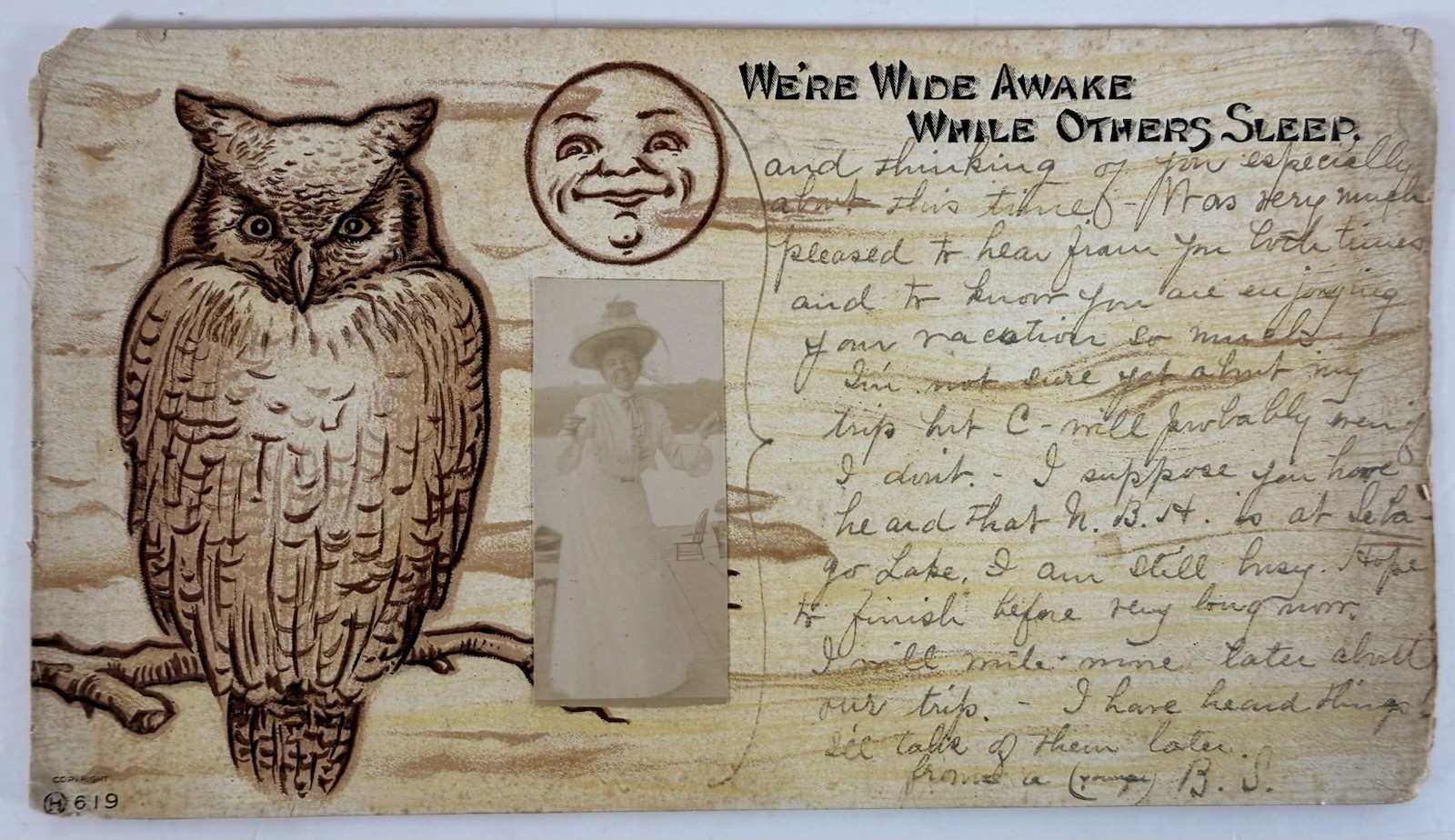 1905 RPPC Owl Moon Novelty Postcard Real Photo “We’re Wide Awake” Auburn ME