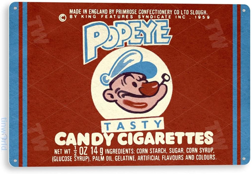 Tinworld Tin Sign: Popeye Candy Cigarettes Label Tin Metal Signs Vintage Retro K Tinworld Tin Sign: Popeye Candy Cigarettes Label Tin Metal Signs Vintage Retro K