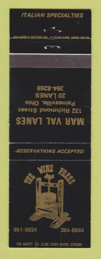Matchbook Cover - Mar Val Lanes Bowling Painesville OH