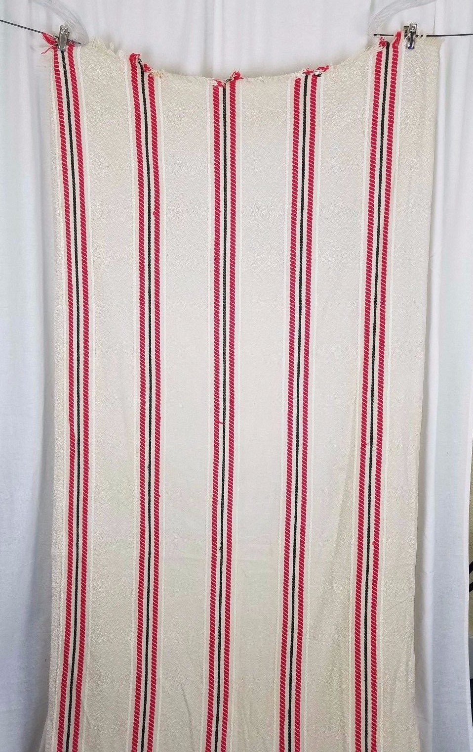 Vintage Bates Woolen Mills Woven Fringe Table Runner Tablecloth Red Striped