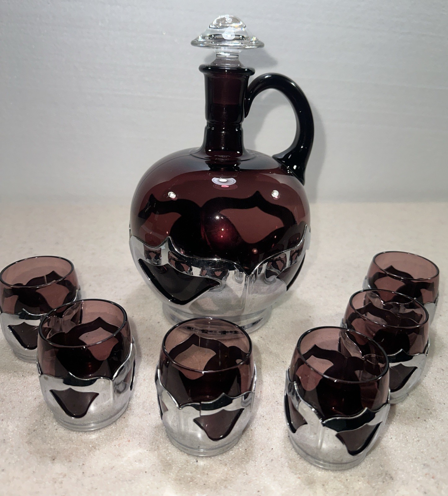 Vnt 1930’s FARBER BROS ART DECO AMETHYST DECANTER, 6 CORDIAL GLASSES W CHROME Vnt 1930’s FARBER BROS ART DECO AMETHYST DECANTER, 6 CORDIAL GLASSES W CHROME