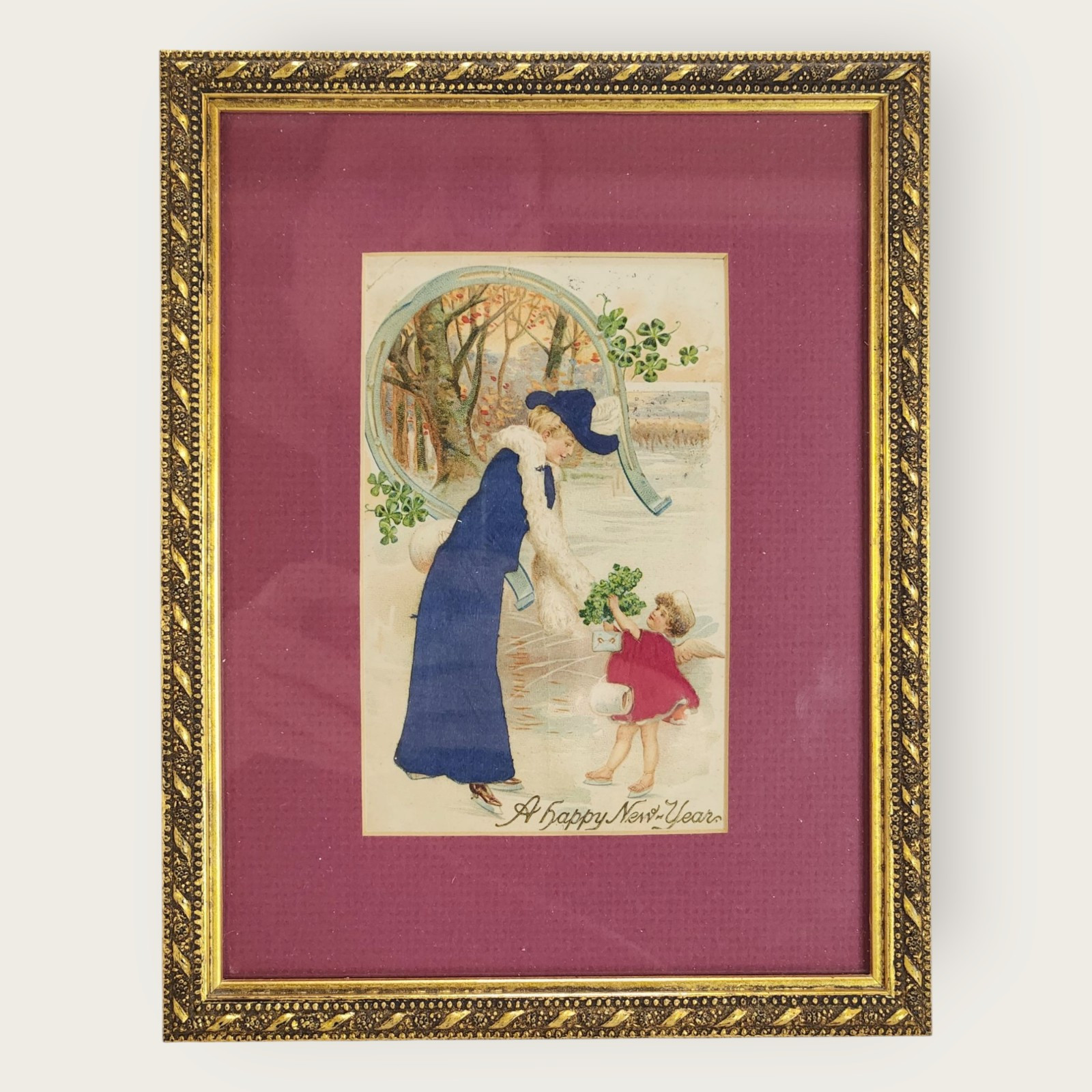 Framed New Year Lady & Angel Child Ice Skating Horseshoe Silk Postcard 9X7\