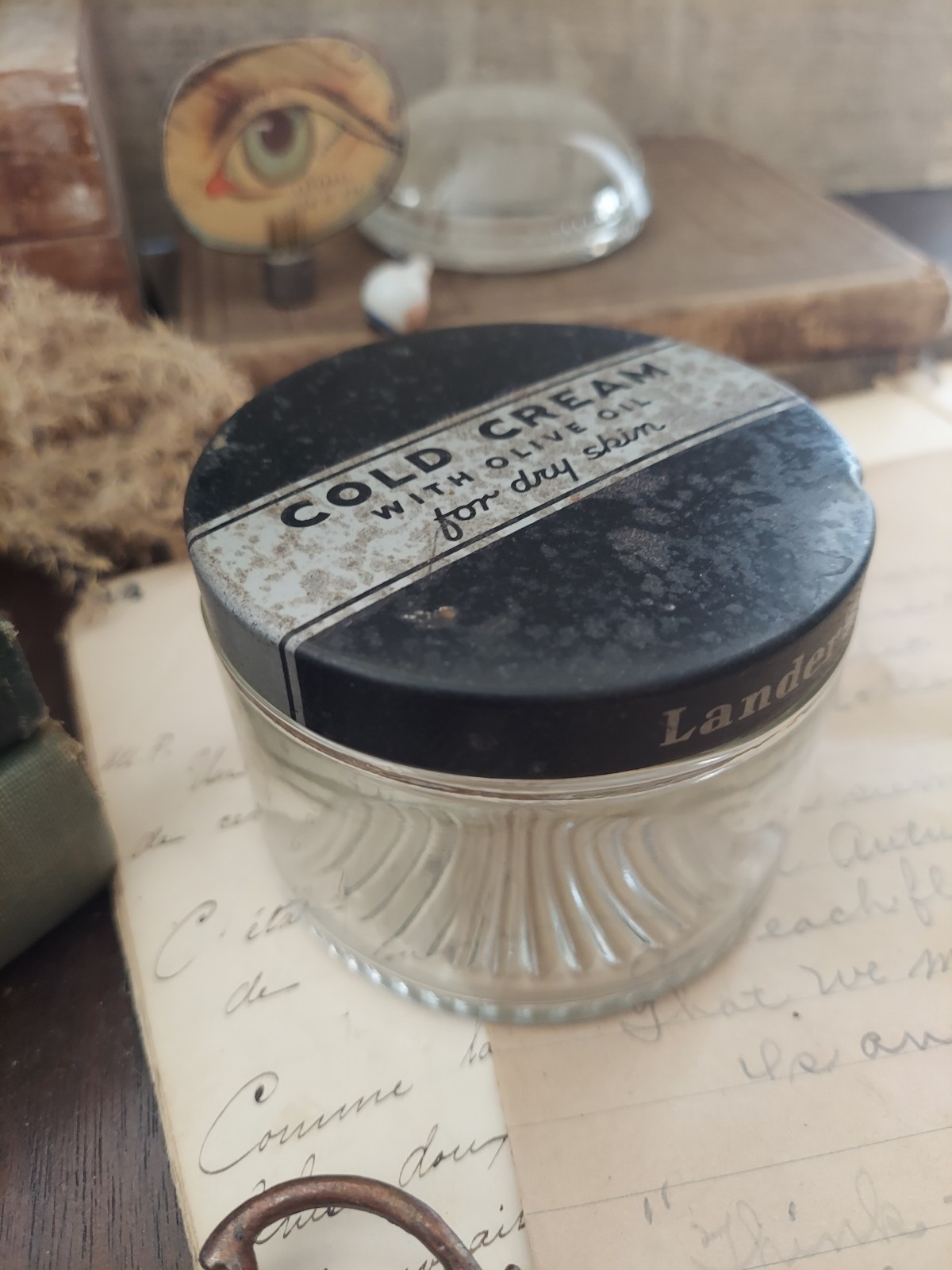 Vintage Lander\'s Cold Cream Clear Glass Jar  Screw On Metal Lid Vanity Face