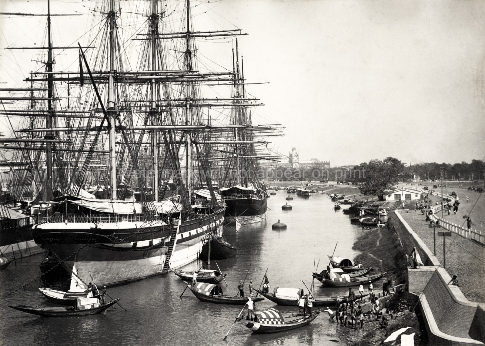 Calcutta India Hooghly River Large Tall Ships Harbor Boats Vtg. Photo 19thC.