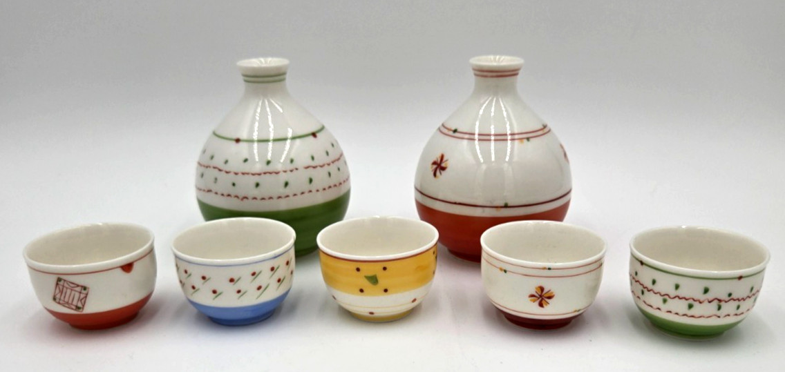 Japanese Mini Mino Ware Sake Set 7 Pc  2 Tokkuri & 5 Ochoko Cups w Original Box