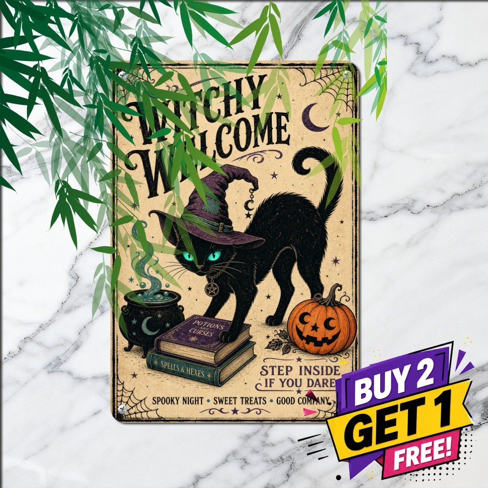 Witches Welcome Haunted Black Cat Inn Metal Tin Sign Halloween Bar Wall Plaque