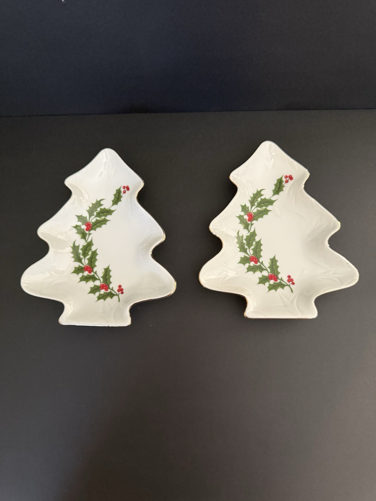 Set Of 2 VTG Christmas Tree Candy Dishes R. H. Macy & Co  Ivory Holly Japan