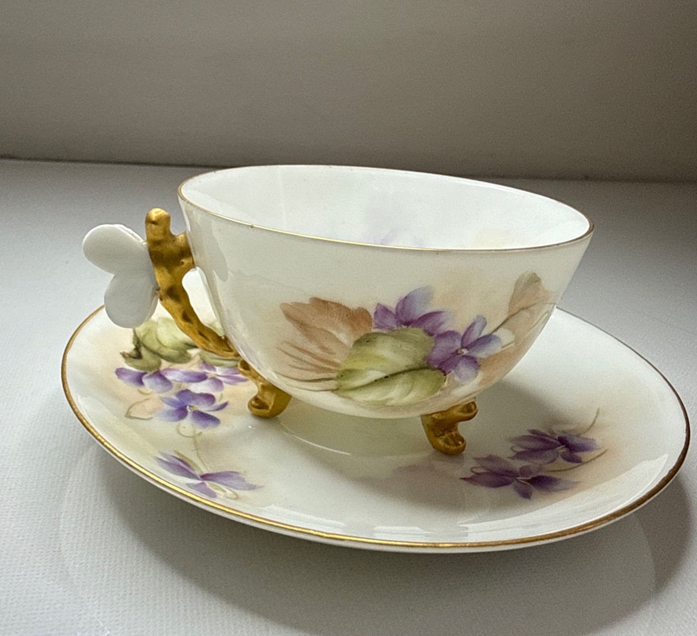 Rare Antique 1891-1932 Limoges Teacup Saucer W Guerin Butterfly Handle Footed 
