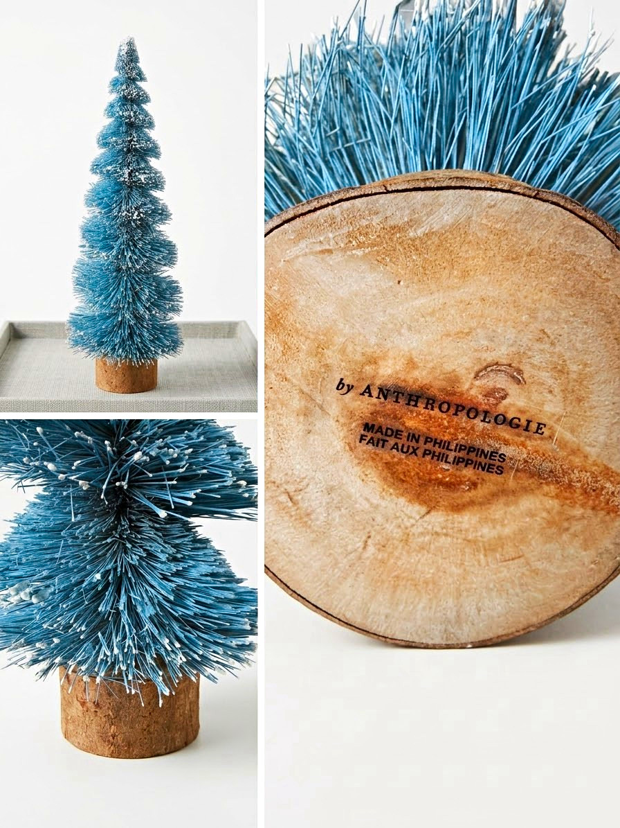 Anthropologie Tilly Flocked Blue Bottle Brush Christmas Tree Natural Wood Base