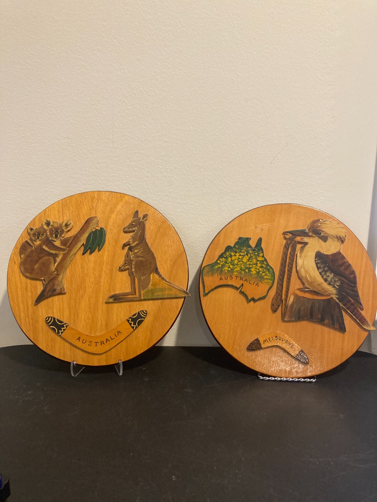 Vintage Australian Hand Painted Wooden Wall Plaques Koala Kookaburra Set 2 Vintage Australian Hand Painted Wooden Wall Plaques Koala Kookaburra Set 2