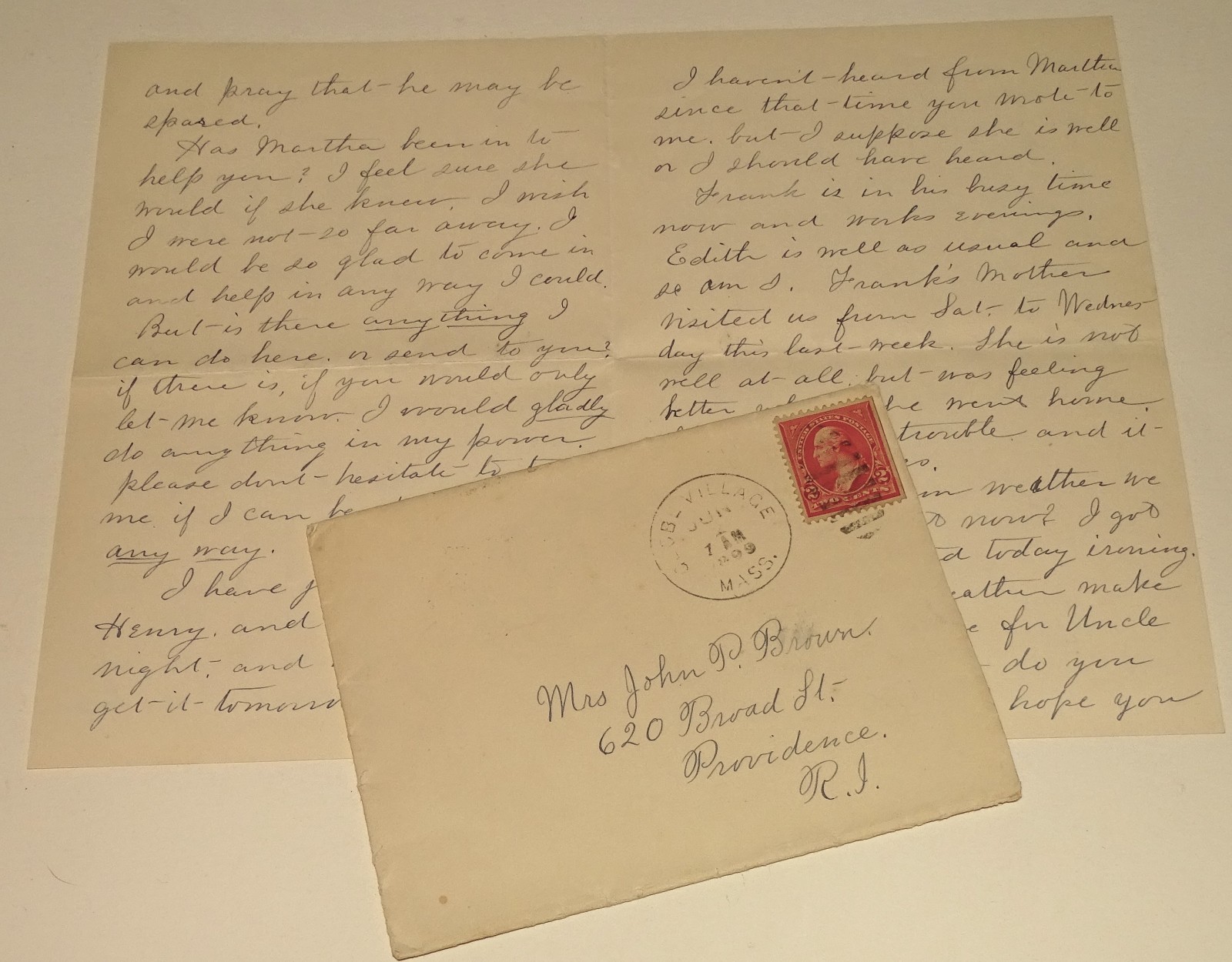 1899 handwritten letter - Globe Village Mass to PROVIDENCE R.I. 1899 handwritten letter - Globe Village Mass to PROVIDENCE R.I.