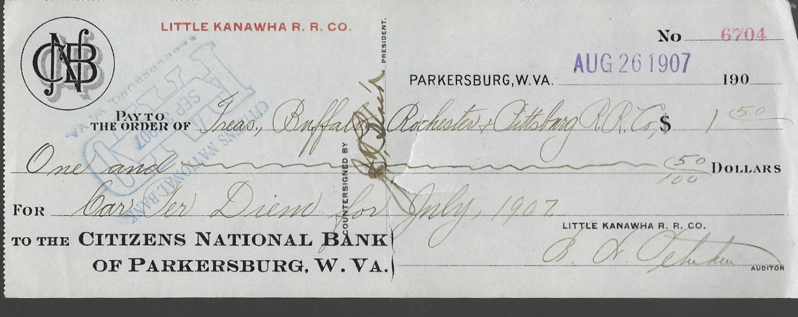 Vintage  1907  Little Kanawha Railroad Company Cancelled Check