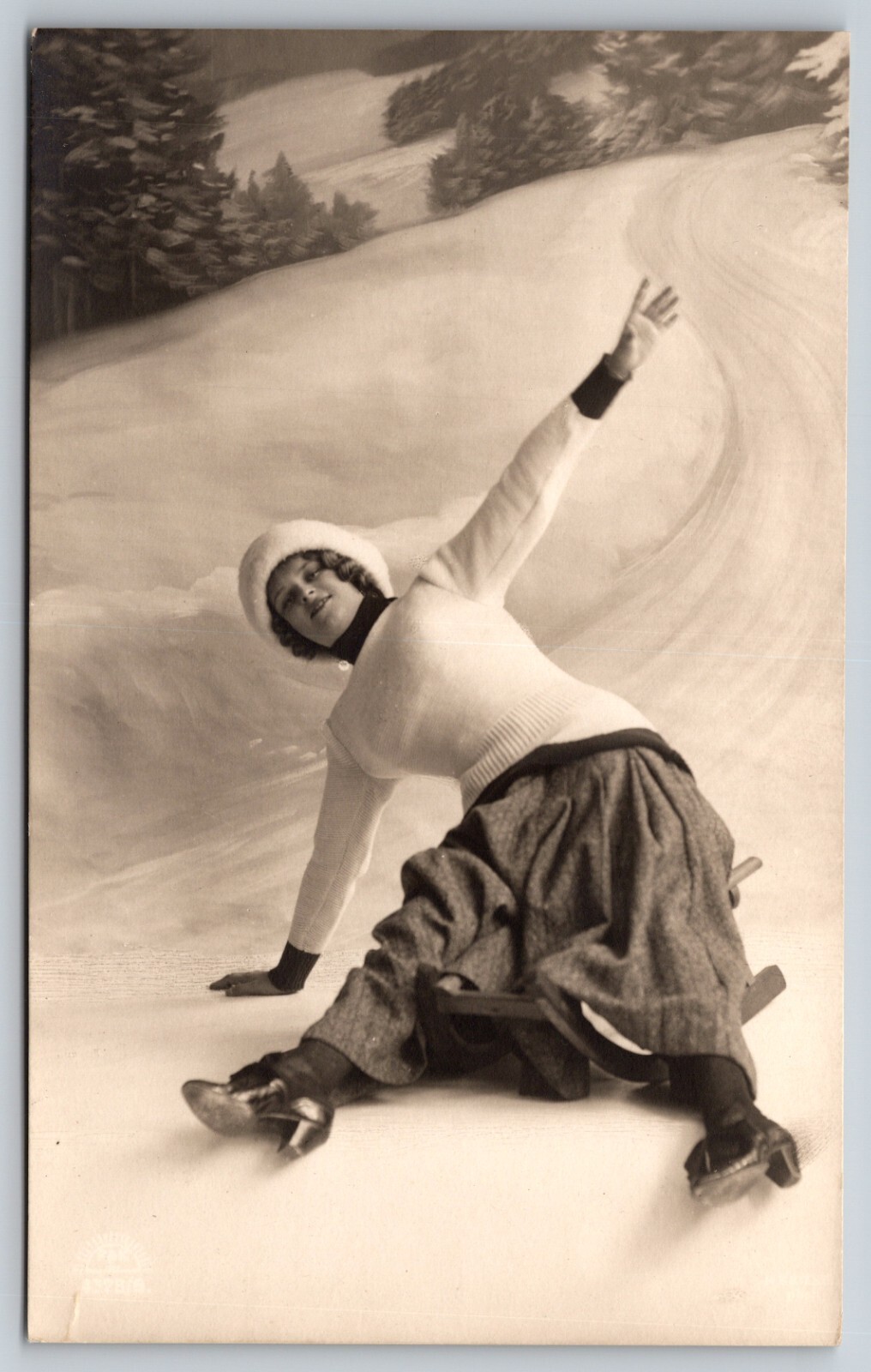 Vintage RPPC Woman Ice Skating Fall Scene Winter Holidays Postcard UNPOSTED
