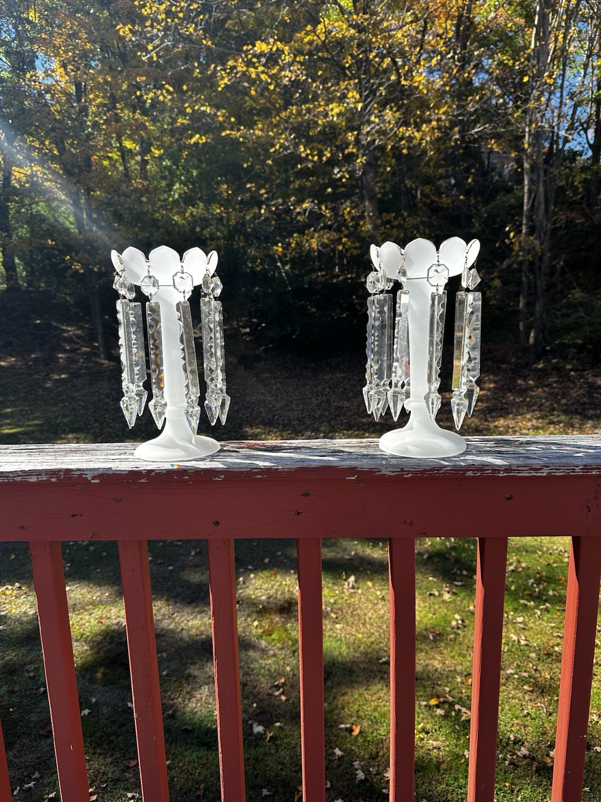 Antique Victorian  Clambroth Glass Crystal Prisms Luster
