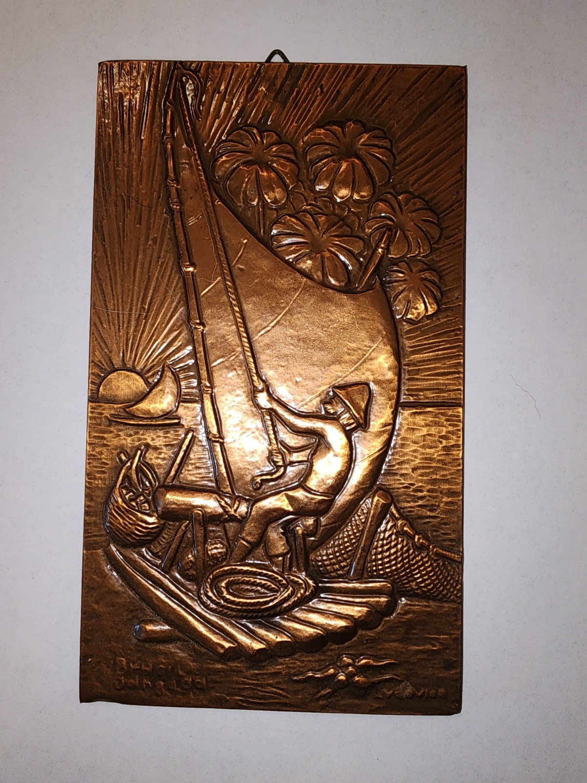 1960s Vintage : EMBOSSED copper WALL ART @ Brazil HIEROGLYPHICS & Primitive BOAT 1960s Vintage : EMBOSSED copper WALL ART @ Brazil HIEROGLYPHICS & Primitive BOAT